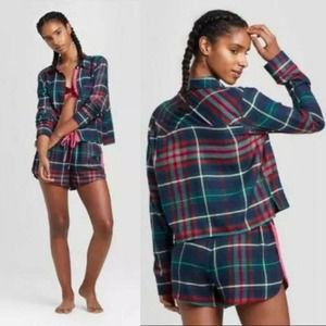 Colsie Collared Long Sleeve Shirt & Shorts 2 Piece Plaid Pajama Sleep Set N/HP